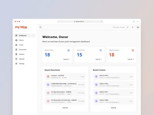 The Blue Charter web dashboard, showing yacht and client counts alongside recent documents and invoices.