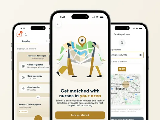 Three Caredeal phone screens: ongoing care requests, an illustration matching a patient with nearby nurses, and a working-area map.