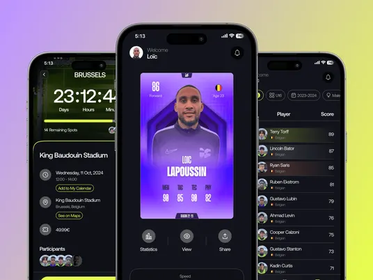 Three iFREQ phone screens: a countdown to a match, a player profile card, and a player ranking table.
